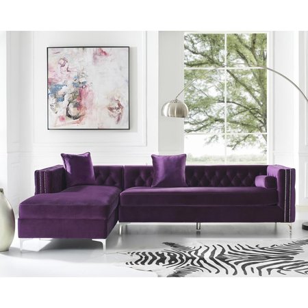 COMFORTCORRECT Levi Velvet Tufted with Silver Nailhead Trim Metal Y-leg Left Facing Chaise Sectional Sofa - Purple CO2625051
